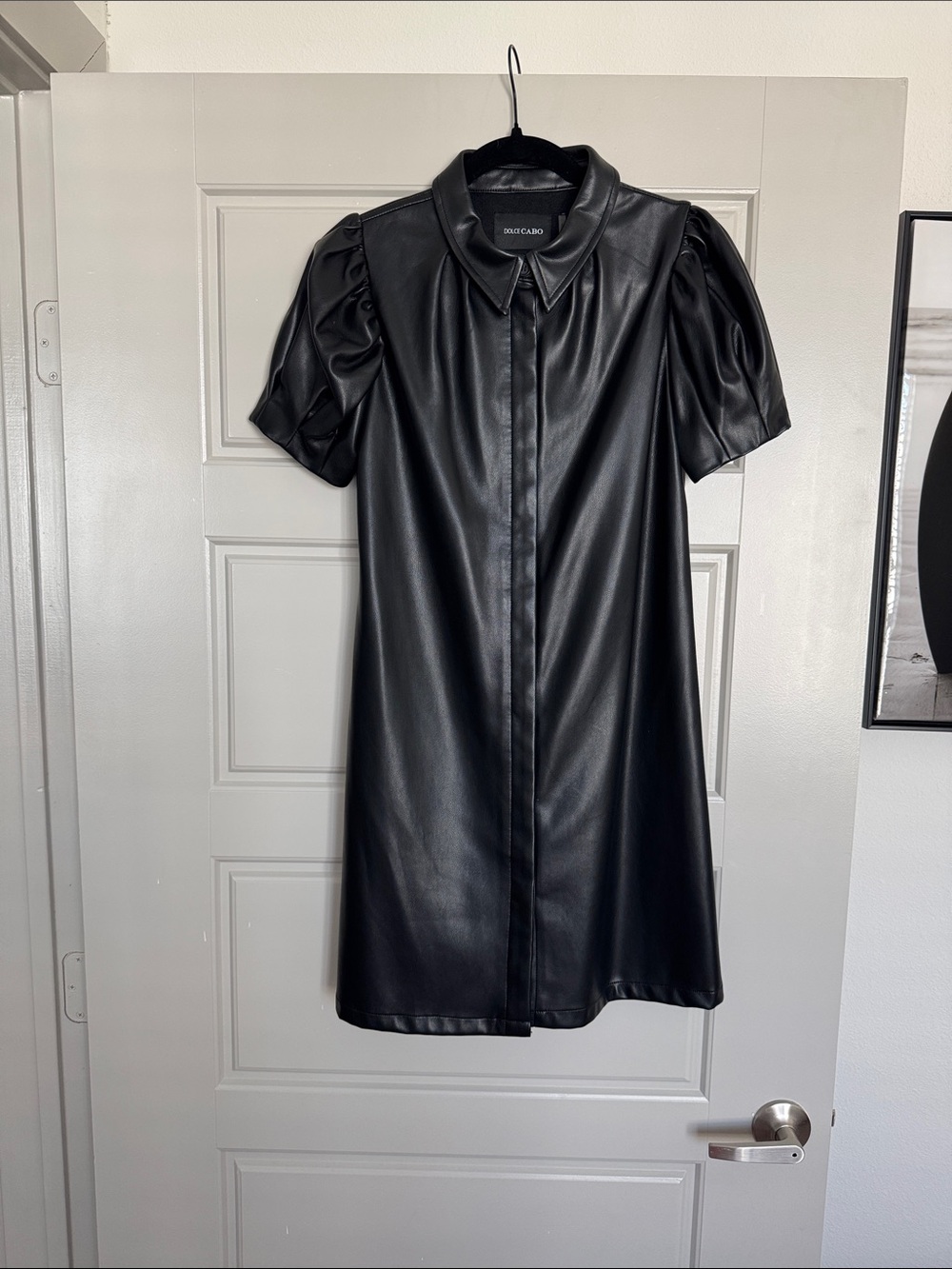 NWOT Dolce Cabo Black Faux Leather Puff Sleeve Shirt Dress, S